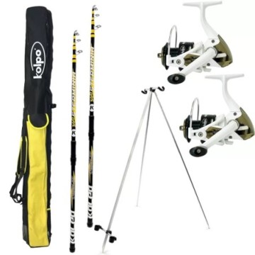 Kit de pescuit Surfcasting cu 2 lansete, 2 role, trepied și husă